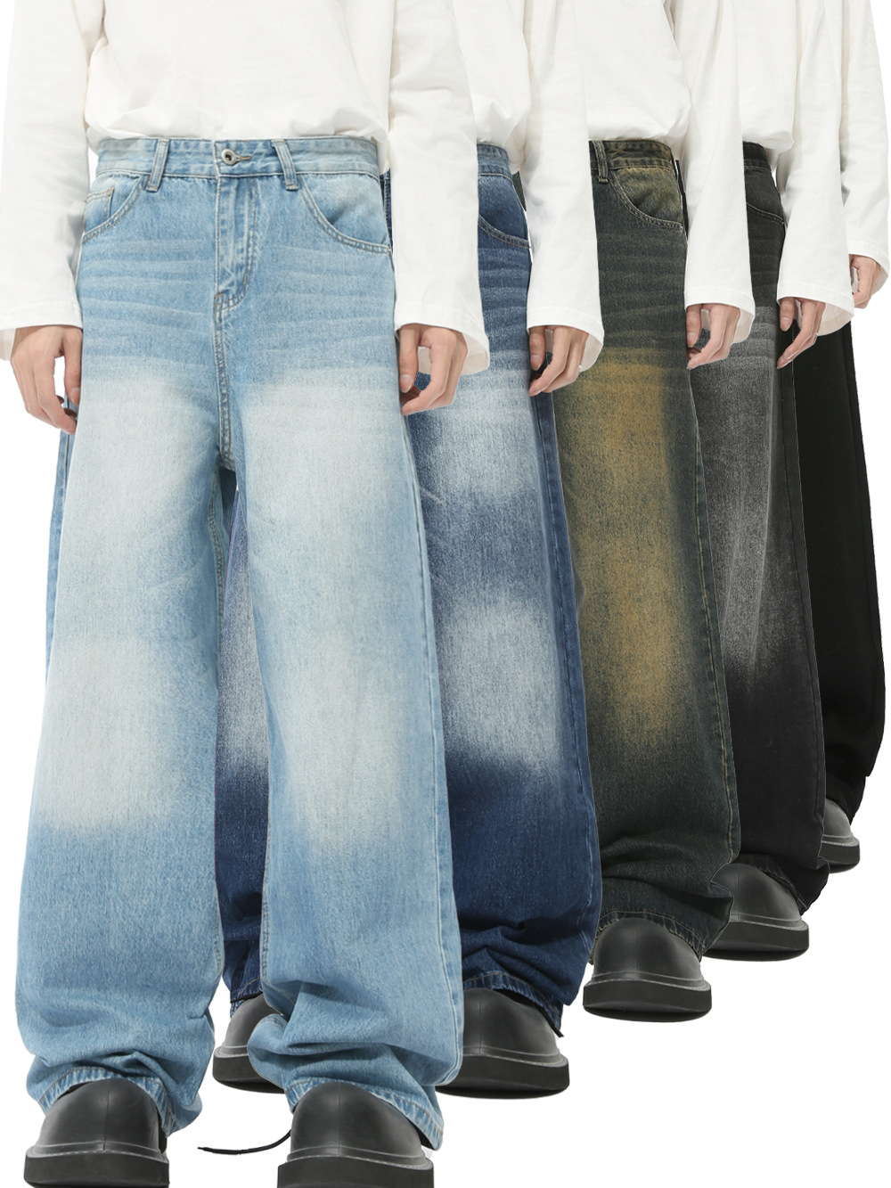 MTLCLOTHES Men's Wear | Autumn New Korean Style Retro Multi-color Old White Straight Leg Jeans Trendy