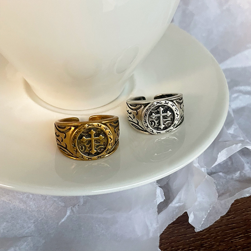 Lanzhi Cross Mars Script Ring for Men, Trendy Personality Open Ring, Antique Gold Jewelry, Non-Fading 925 Silver Ring