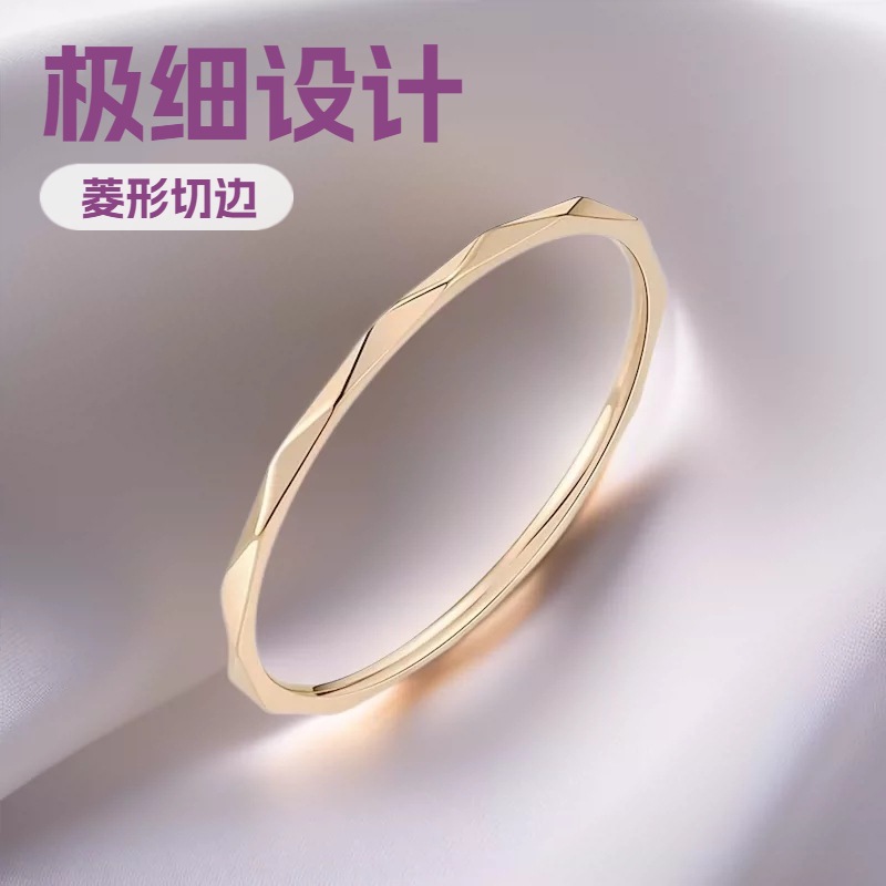 Korean-Style Rhombus-Shaped Cut-Edge Ultra-Thin Ring for Women, Titanium Steel Plated with 18K Gold, Index Finger Ring, Trendy Tail Ring with Diamond Pattern