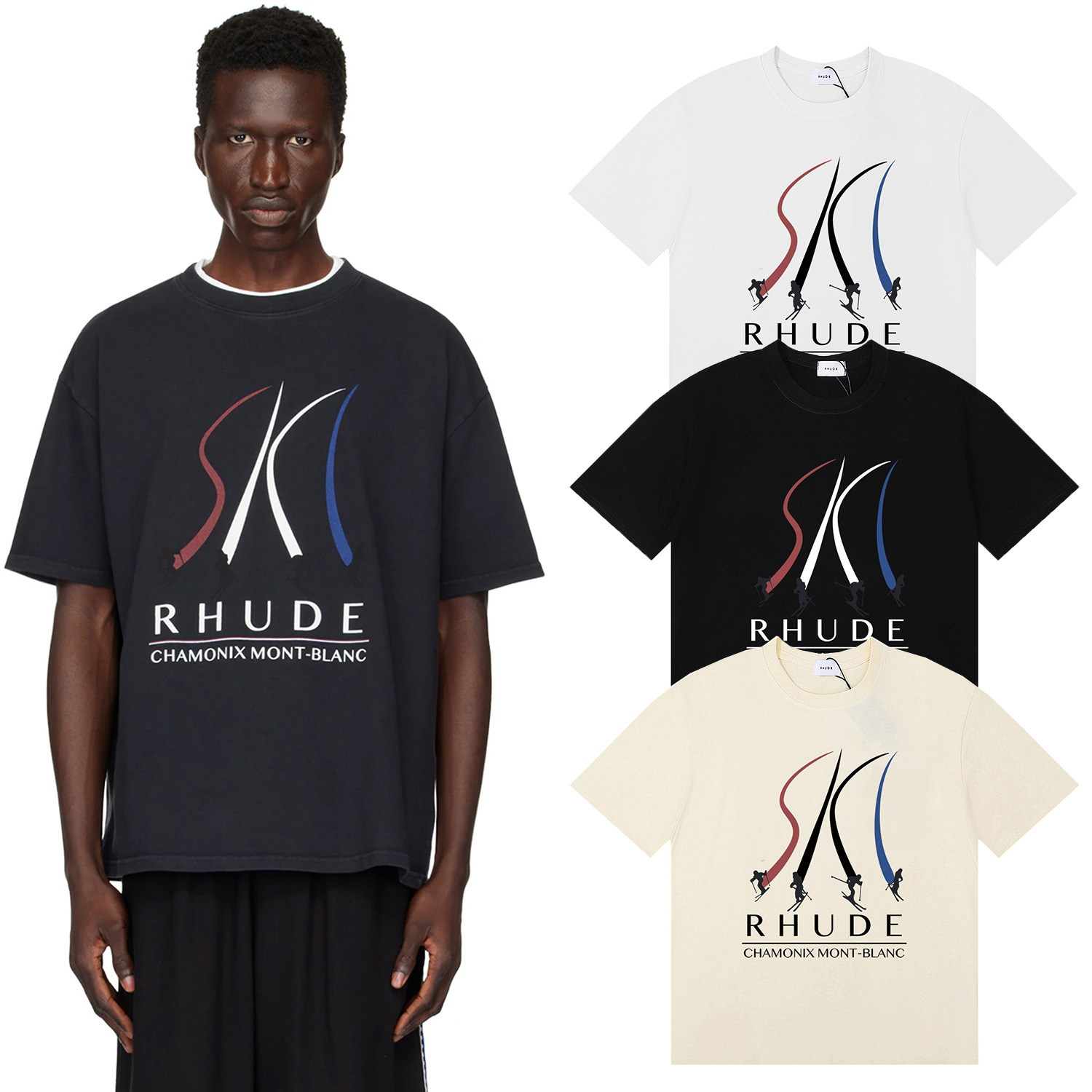 Cross-border foreign trade 2024 new beauty tide Rhude Mont-Blanc ski printing cotton short sleeve T-shirt for men and women