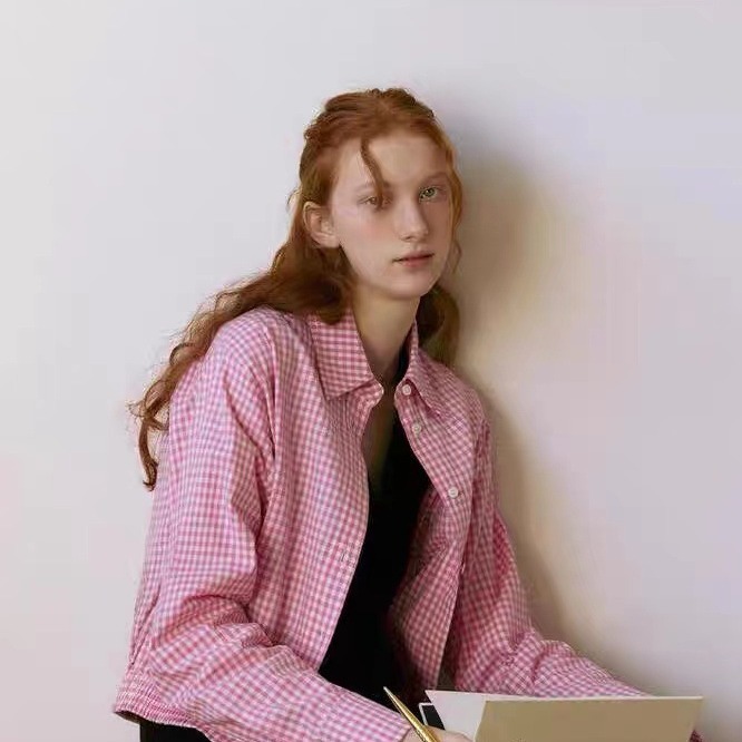 Now Ng Korea Dongdaemun Designer A** You Pure Cotton Lapel Shirt Pink Plaid Jacket