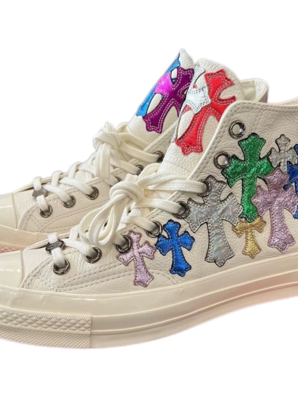 Remake Custom Cross-Stitch Leather Eyelet Buckle White Leather High-Top Shoes Versatile and Comfortable Unisex Style