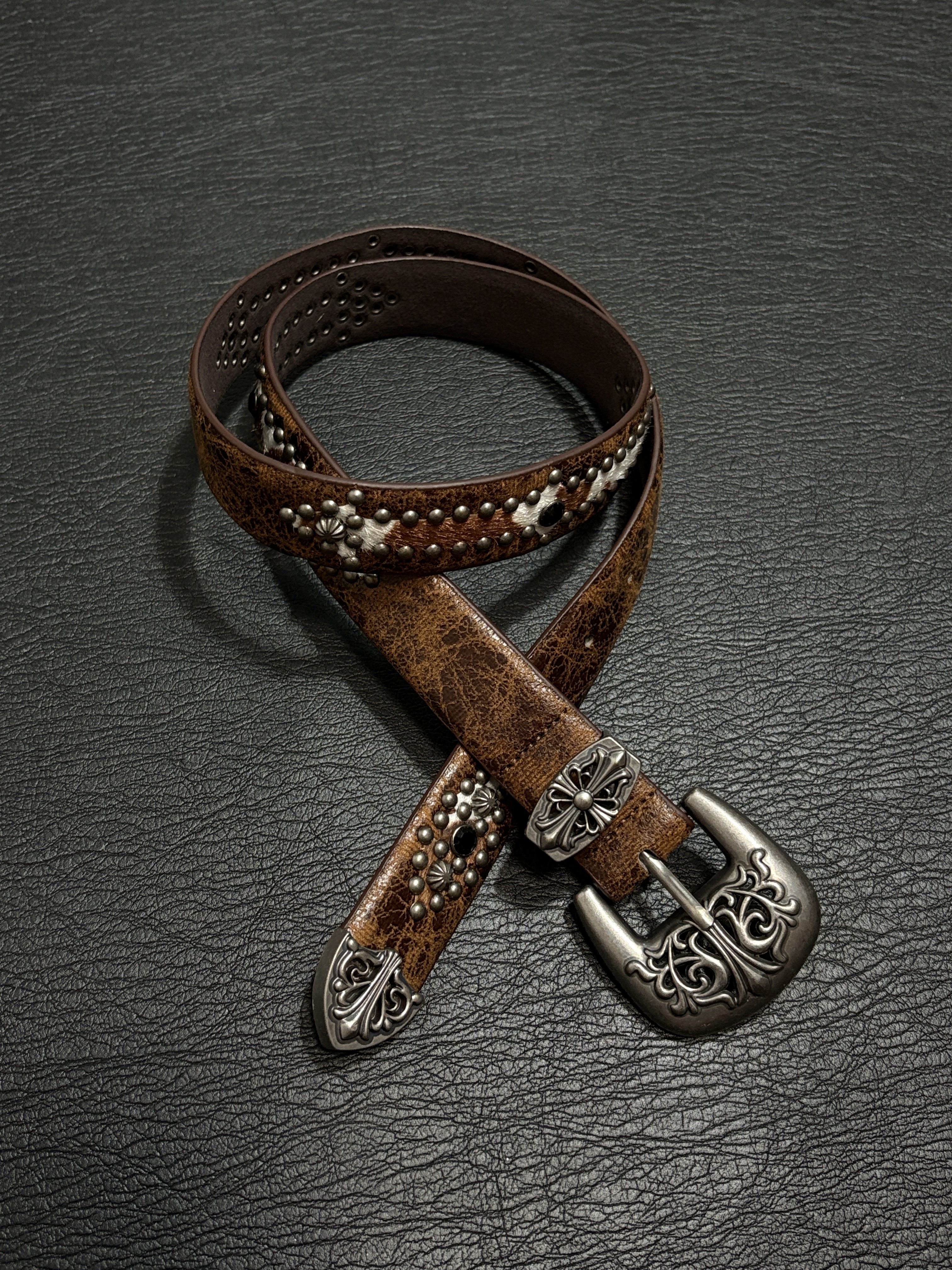 Vintage Distressed Leather Belt with Silver Studs and Engraved Buckle