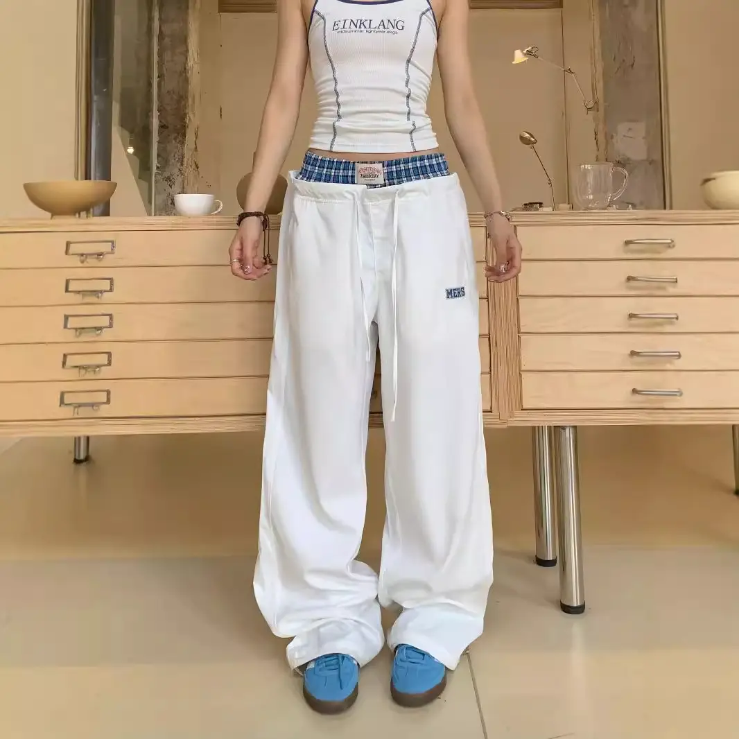Korean-style Retro Fake Two-piece Plaid Lined Sports Trousers Summer Thin Couple Casual Straight Double Waist INS