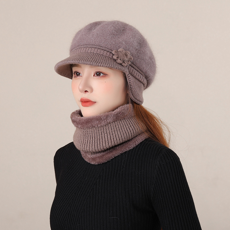 Women's Korean-style Trendy Thickened Hat Autumn and Winter All-match fleece-lined Ear Protectors Cycling Warm Neck Knitted Wool Cap for Middle-aged and Elderly