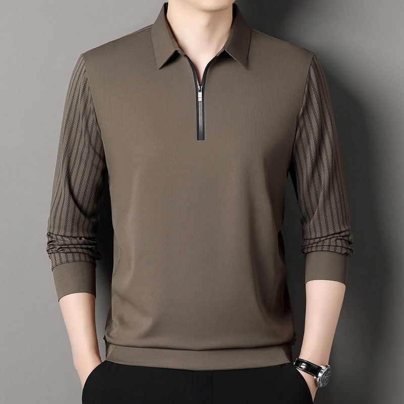 Autumn and Winter Long-Sleeved Men's T-Shirt Half-Zip Business Long-Sleeved Polo Shirt Men's T-Shirt Stripesd High-End Lapel Top for Men