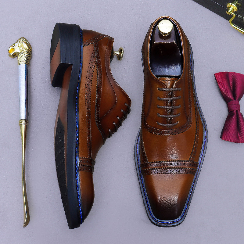 Three-Joint Genuine Leather Large Size Business Lace-Up Leather Shoes Men's Shoes Fashionable Color Polished Formal Oxford Shoes Cowhide Carved Wedding Shoes