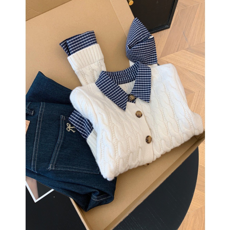 Fake Two-Piece Plaid Patchwork Polo Collar Color-Block Sweater for Women, Autumn and Winter Cable Knit Top, Elegant and Stylish