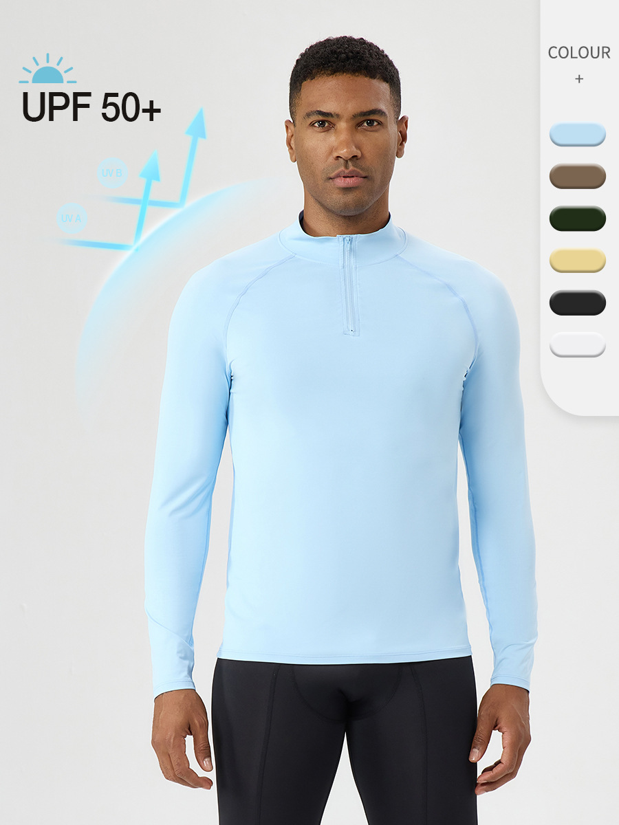 European and American Men's Fitness Wear Half-Zip Sports Long-Sleeved Sun Protection Quick-Drying Slim Outdoor Casual Running Long-Sleeved Tops