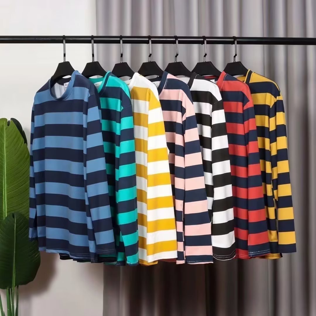 Spring and Autumn Casual Couple's Striped Long-sleeved T-shirt Men's Ins Simple Hong Kong-style Harajuku Style Teenager Pullover Top