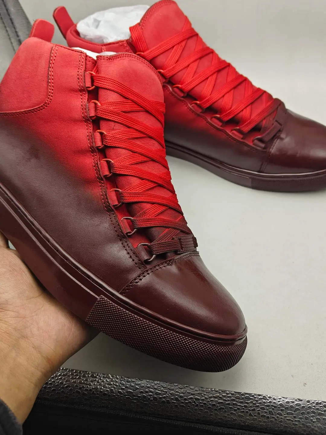 Balenciaga Red Spray Painted Leather High-Top Sneakers