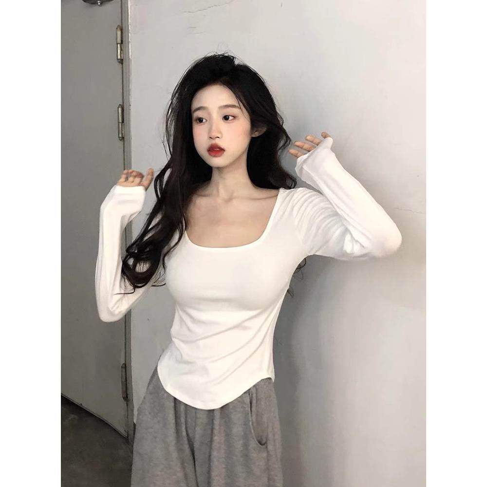 Curved Hem Waist-Cinching Sexy Hot Girl T-Shirt for Women 2026 Spring Stylish Simple Square Neck Long-Sleeve Top Base Shirt