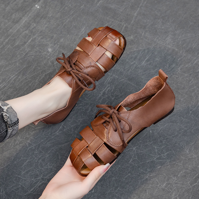 Summer New Style Top Layer Cowhide Women's Sandals Flat Heel Soft Sole Wrapped Toe Artistic Handmade Vintage Hollow Women's Shoes with Cowhide Bottom