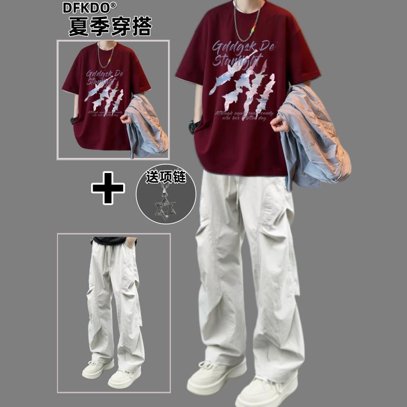 Summer Youth Short-Sleeve T-Shirt and Long Pants Two-Piece Set Men's Outfit Casual Thin Style Height-Enhancing Outfit