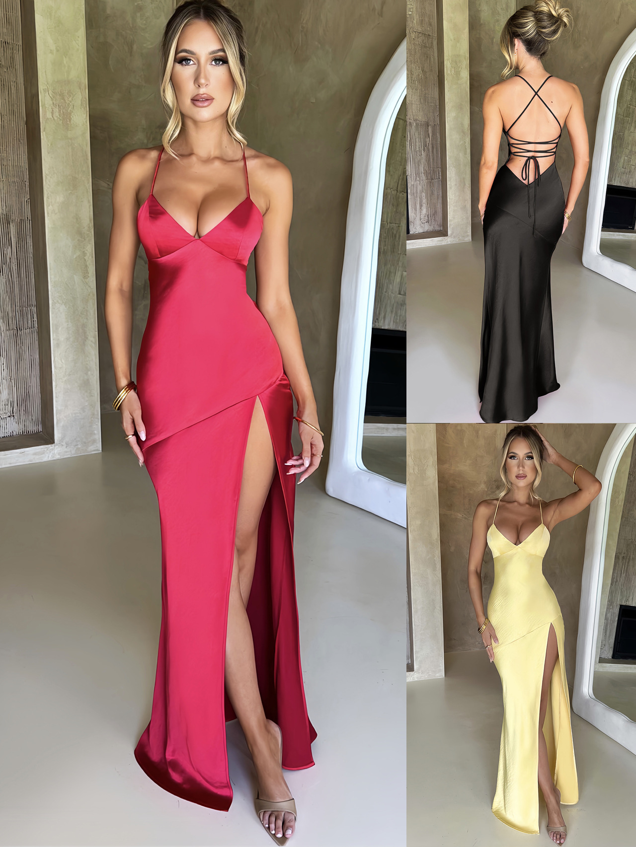 2024 Summer New European and American Fashion Women's Sexy v Neck Suspender Slit Mid-length Evening Dress for Women