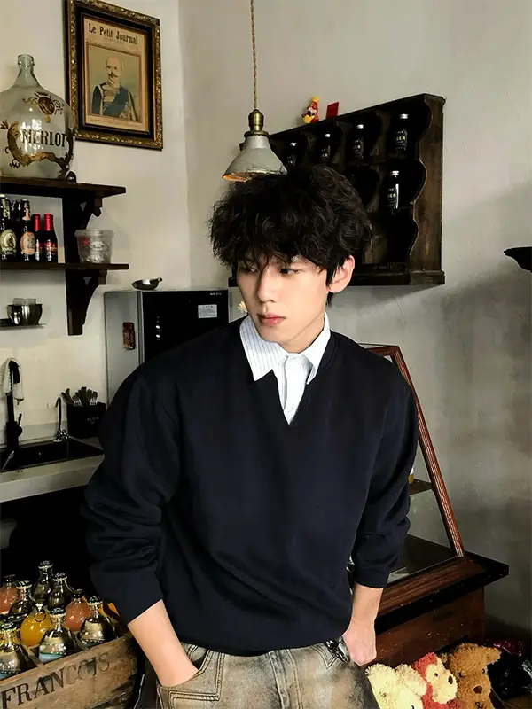 Fake Two-Piece Striped Shirt Collar Pullover Sweatshirt for Men, Autumn American Style Trendy Brand, Cool Short Long-Sleeve Polo Shirt Top