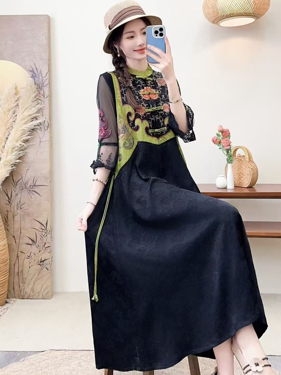 26Th Spring Collection Women's Vintage Buttoned Ethnic Style Embroidered Dress New Jacquard Cotton Linen Dress