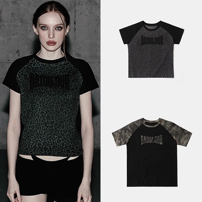 Korean Badblood Bcac Series Spicy Leopard Print Short-Sleeve T-Shirt for Women, Summer Niche Design Raglan Top
