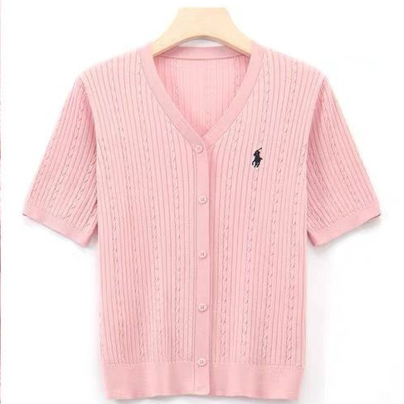 2026 Summer Style Solid Color Simple V-Neck Ice Silk Small Twist Pattern Solid Color Embroidered Logo Versatile Knitted Cardigan Short Sleeve Women's