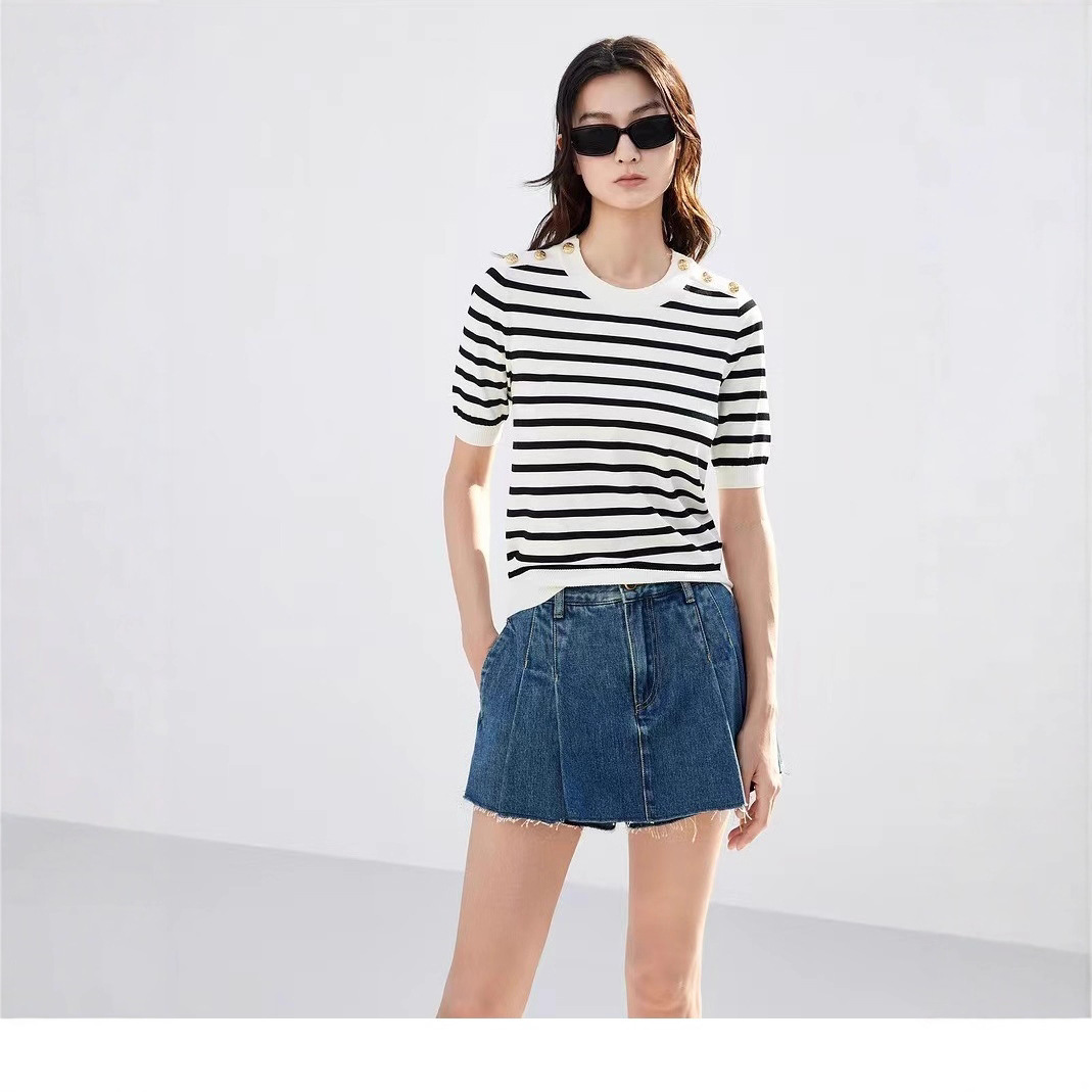 Mo*Co Women's Spring and Summer A-Line Three-Dimensional Pleated Distressed Fringed High-Waisted Cotton Denim Short Skirt Pants, Comfortable