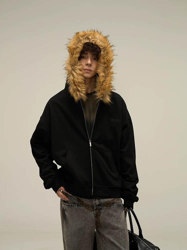 Tailang's Shop American Retro Fur Collar Couple's Hooded Zip-Up Sweatshirt Autumn and Winter Style Men's Trendy High-End Jacket