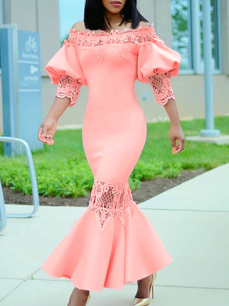 D3223 Cross-border Foreign Trade Amazon Summer New One-word Collar Lace Elegant Fishtail Dress European and American Dress