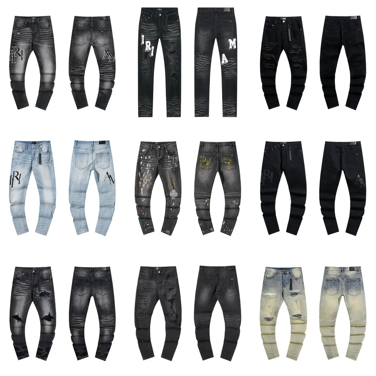 Am Foreign Trade New American Street Style Splatter Ripped Casual Straight-Leg Jeans Men High Street Slim Pants Plus Size Trendy