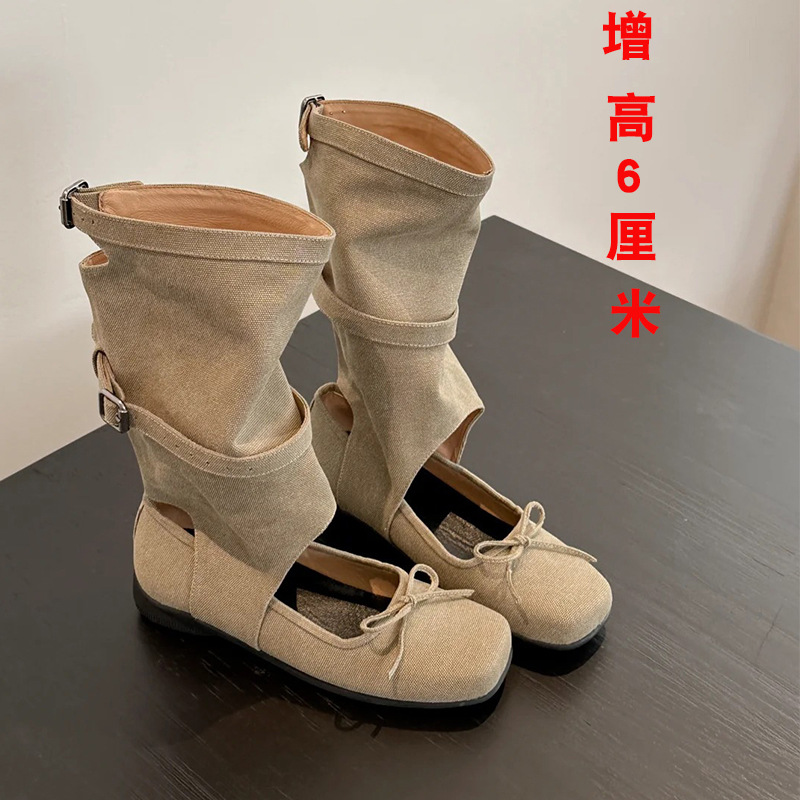 Height-Increasing 6cm ~ Bowknot Ballet Shoes, Summer Cool Boots, Women's Western Cowboy Boots, Mid-Calf Flat Platform Boots