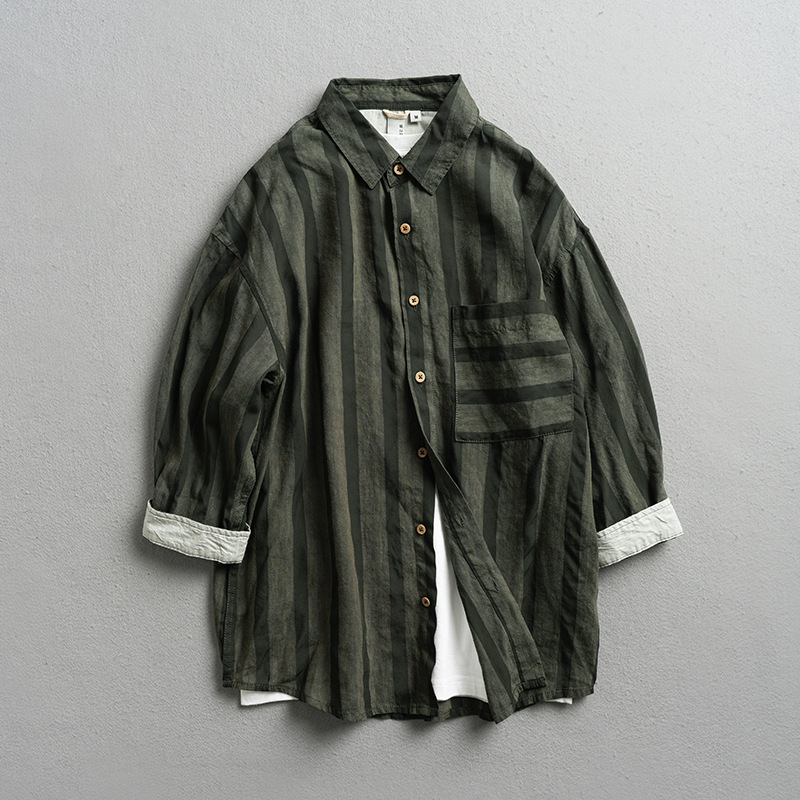 Inkstone Shadow Spring and Summer New Linen Striped Shirt 2025 Japanese New Men's Half Sleeve Shirt 3011