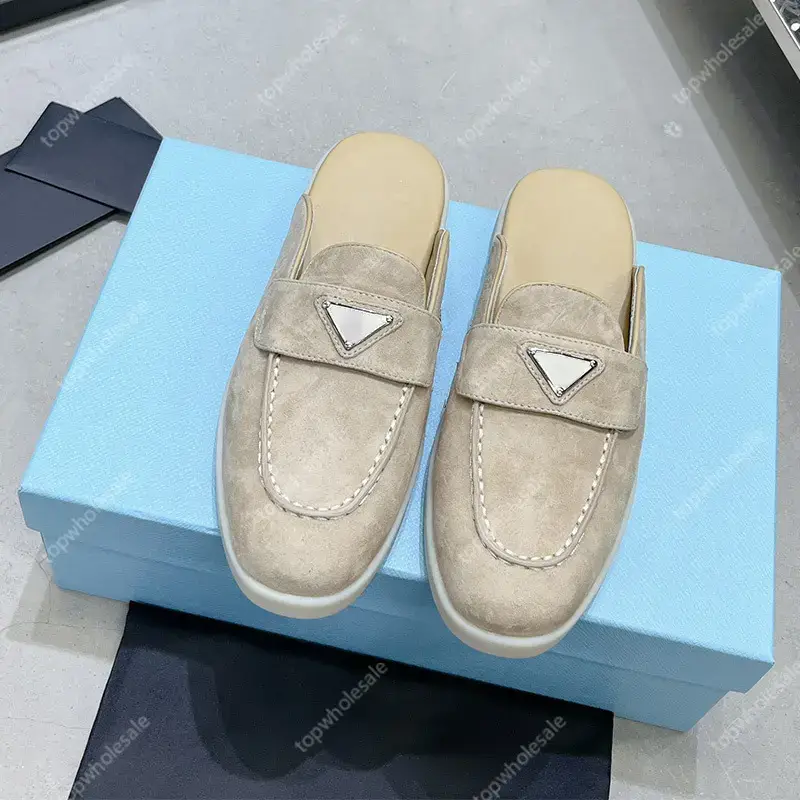 In-Stock 25 Summer New Flat Casual Leather Loafers Women's Metal Triangle Logo Slip-On P Brand Shoes