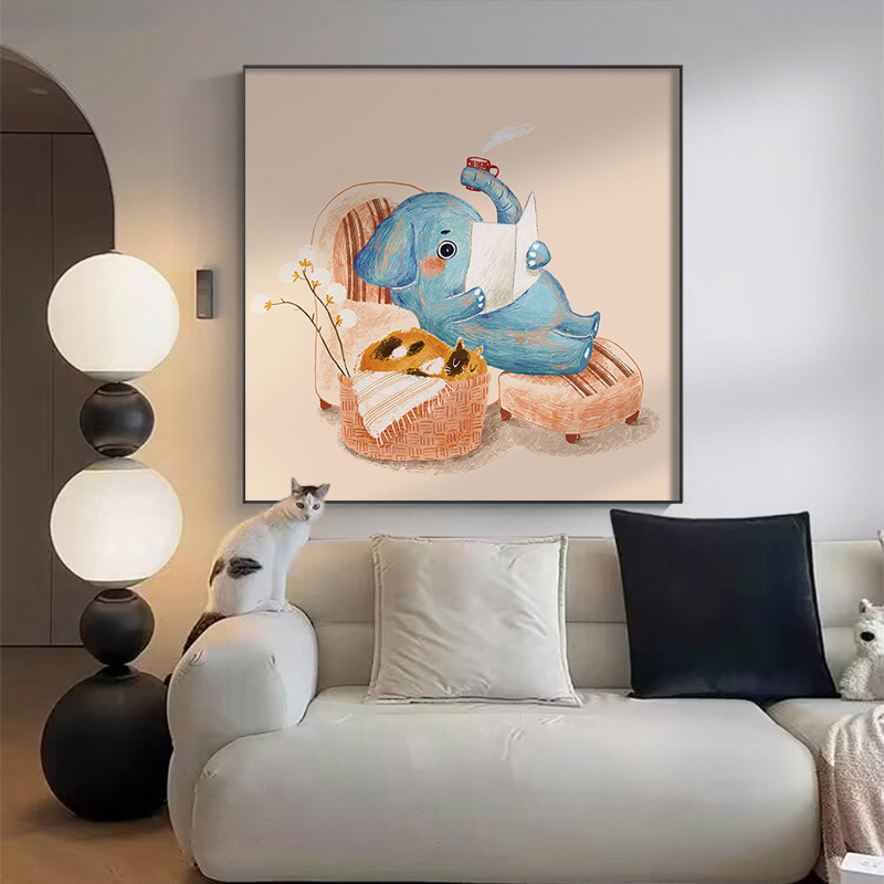 Cartoon Animation Children's Room Decorative Painting, Elephant and Small Animal Room Mural, Modern Minimalist Bedroom Niche Headboard Painting