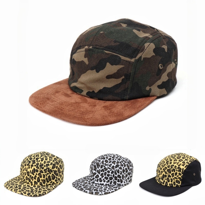 Leopard Print Flat Brim Five-Piece Baseball Cap for Men and Women Spring and Summer New Hip-Hop Cap Camouflage Suede Color Matching Flat Brim Baseball Cap
