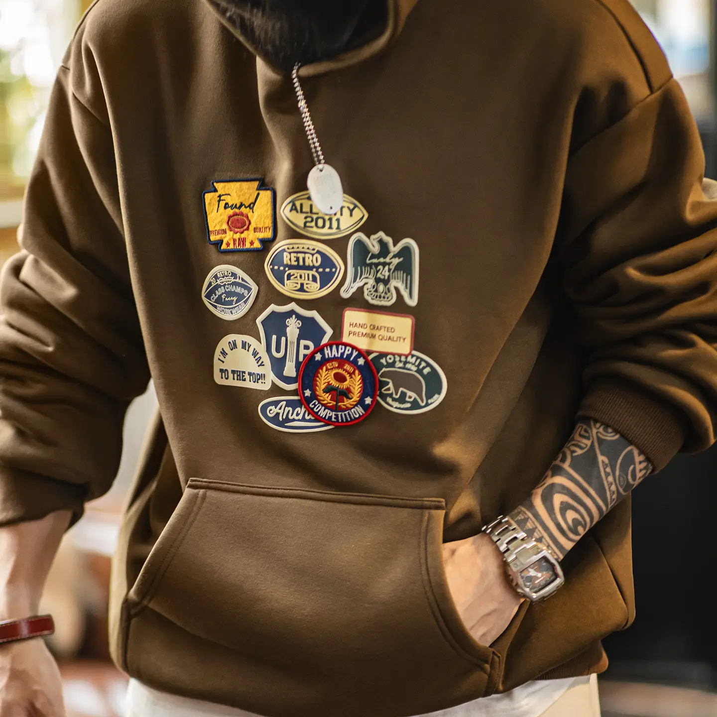 Maden Workwear American Brown Badge Embroidered Hooded Sweatshirt Fleece-Lined Knitted Maillard Loose Jacket Men's Autumn and Winter