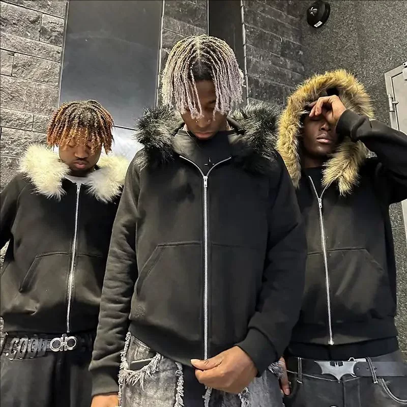 Opium Yvl Style Three-Color Fur Collar Mountain Carving Hooded Zipper Sweatshirt Hoodie Unisex Hip-Hop