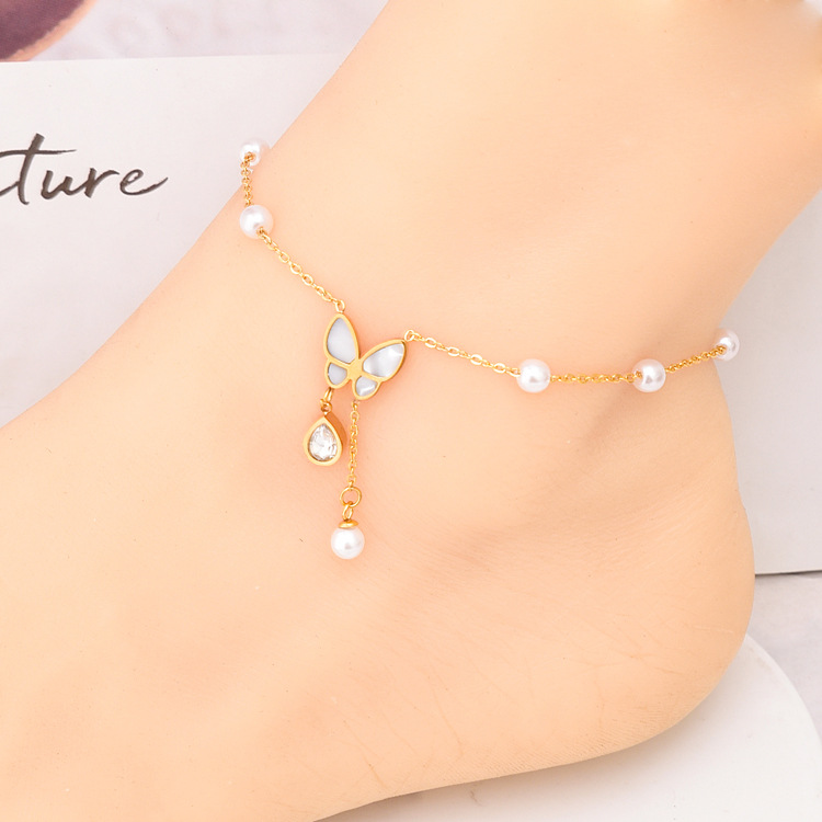 Korean style pearl chain water drop zircon tassel anklet white shell butterfly titanium steel non-fading all-match anklet jewelry wholesale