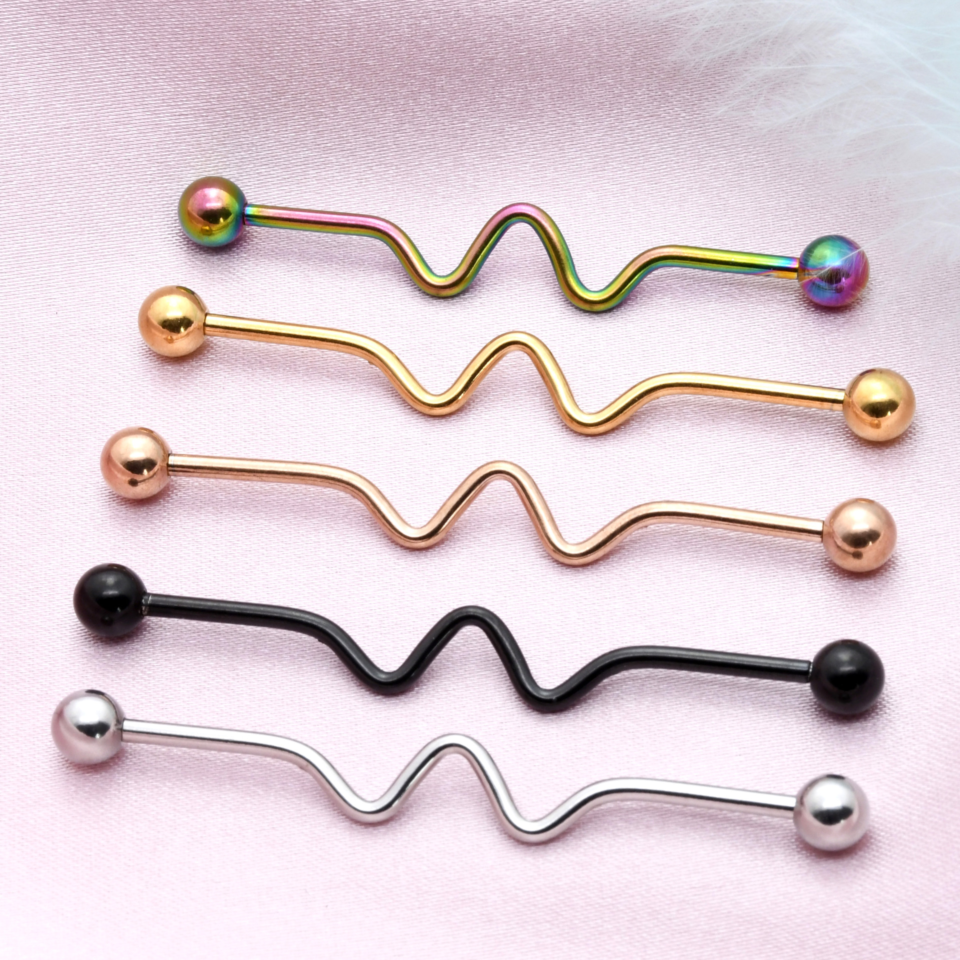 W-Shaped Electrocardiogram Ear Bone Stud, Lip Stud, Stainless Steel Electroplated Ball Piercing Jewelry, Cross-Border Hot-Selling Heart-Shaped