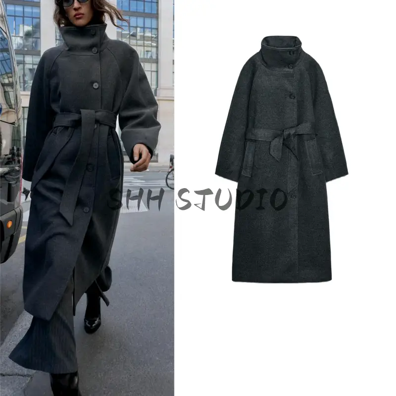 New Autumn and Winter Women's Double-Breasted Button-Decorated Soft Long-Sleeved Stand-Up Collar Coat with Belt 3046369