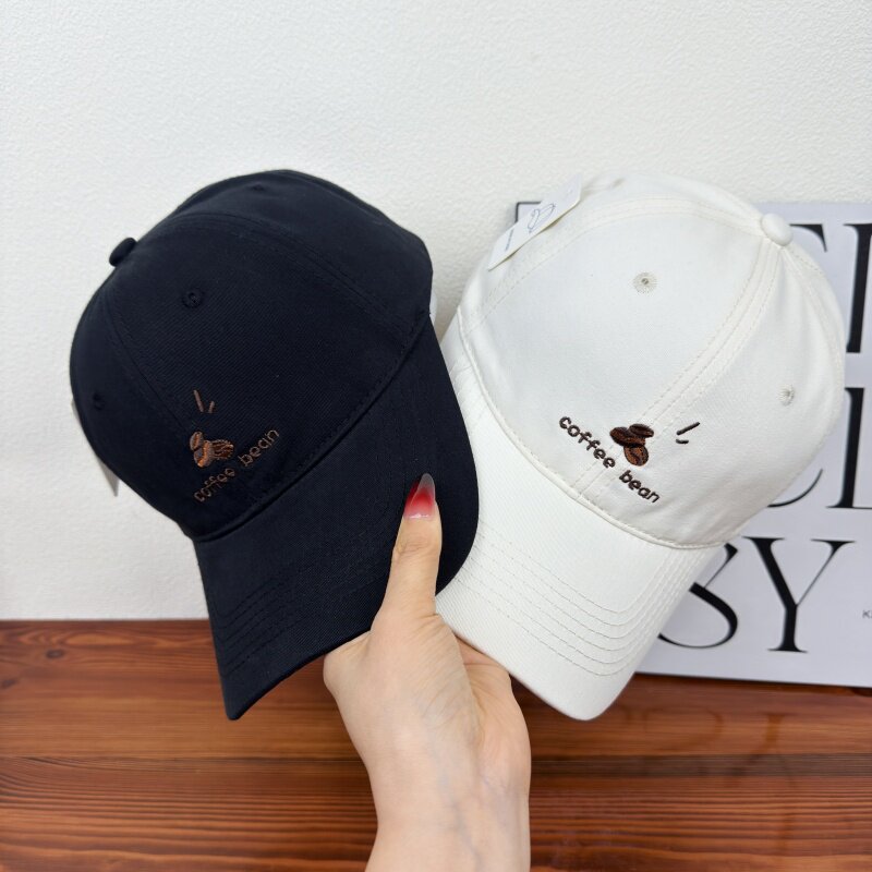 Women's Korean-Style Embroidered Coffee Bean Pattern Baseball Cap, New Spring/Summer Fashion Versatile Cap That Makes the Face Look Smaller