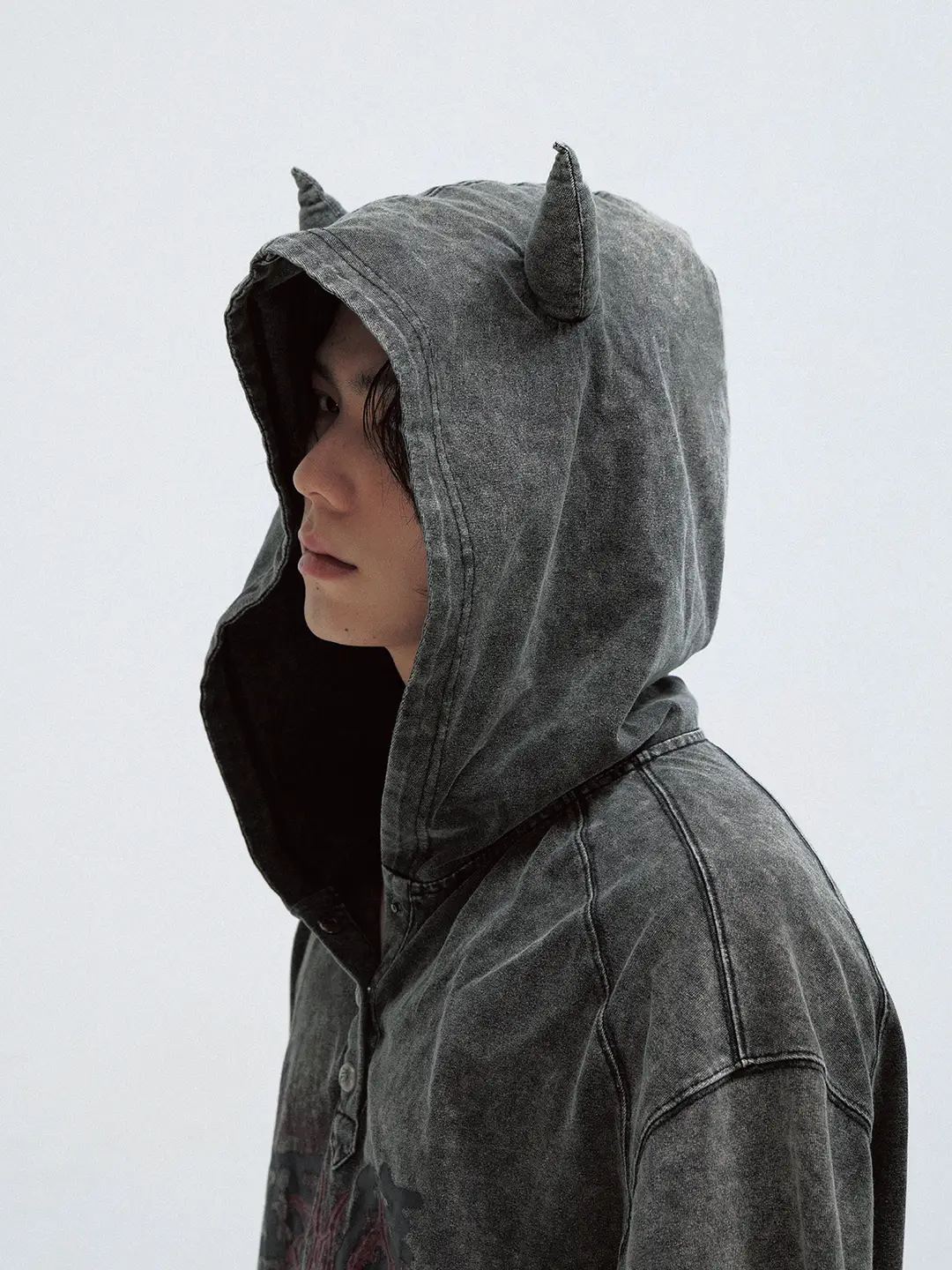 Peoplestyle Dark Little Devil Distressed Washed Hooded T-Shirt Black Genderless Retro Loose Short Sleeve