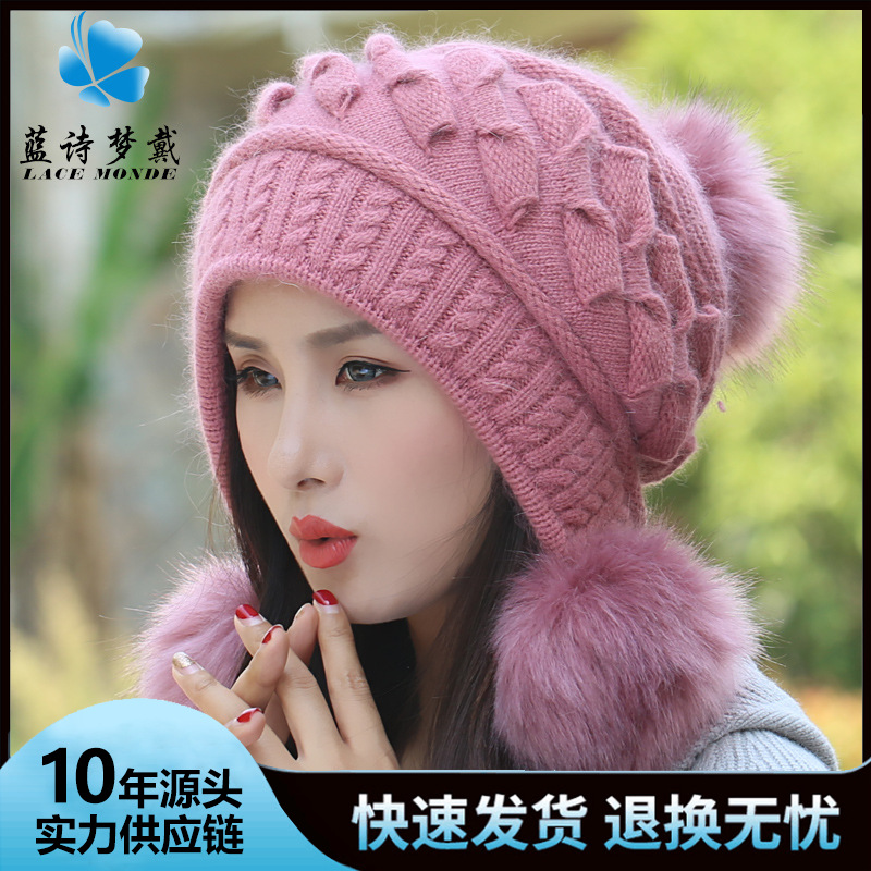 Korean Style Fashionable New Rabbit Fur Hat Women's Winter Thickened All-match Cute Fur Ball Wool Hat Ear Protection Warm Knitted Hat