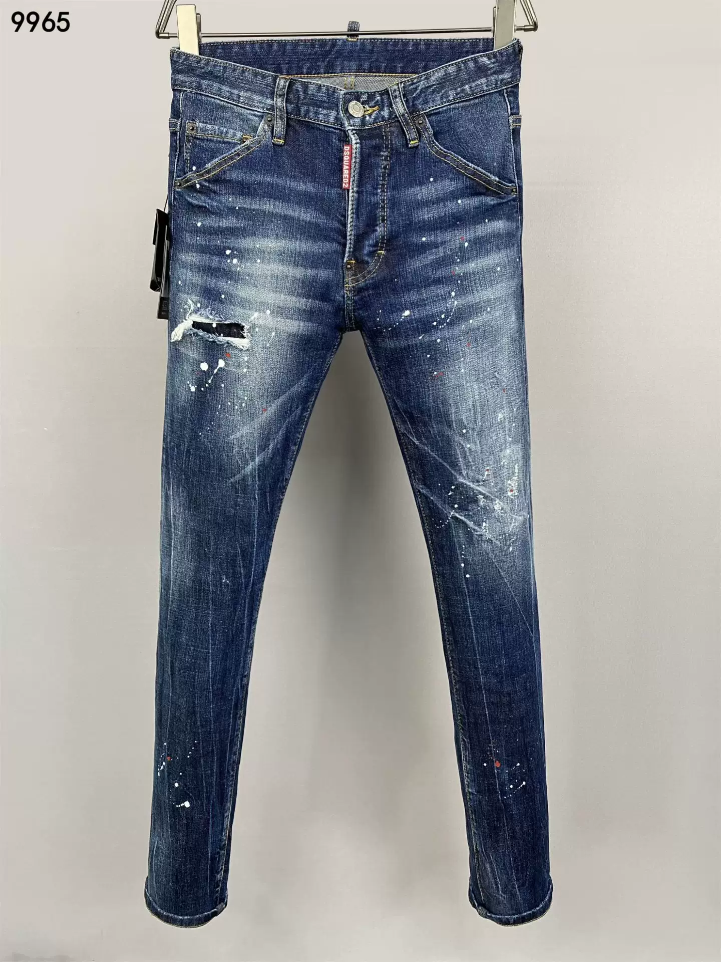 26 new jeans men D2 slim fit small feet casual washed deep blue worn patch trendy fashion micro 9965