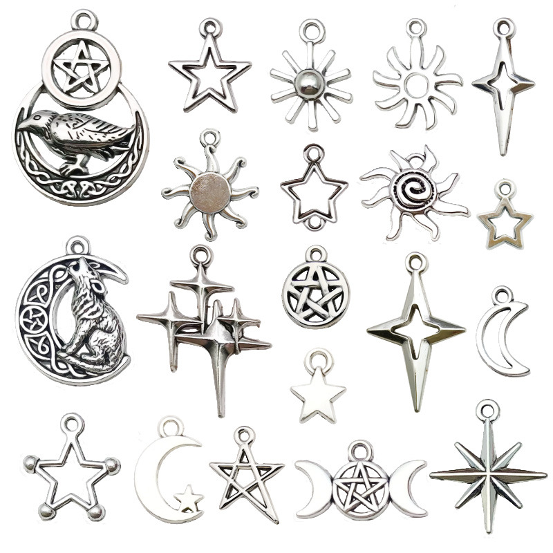 DIY Ancient Silver Five-pointed Star Sun Moon Pendant Keychain Necklace Bracelet Earrings Pendant Accessories Alloy Jewelry