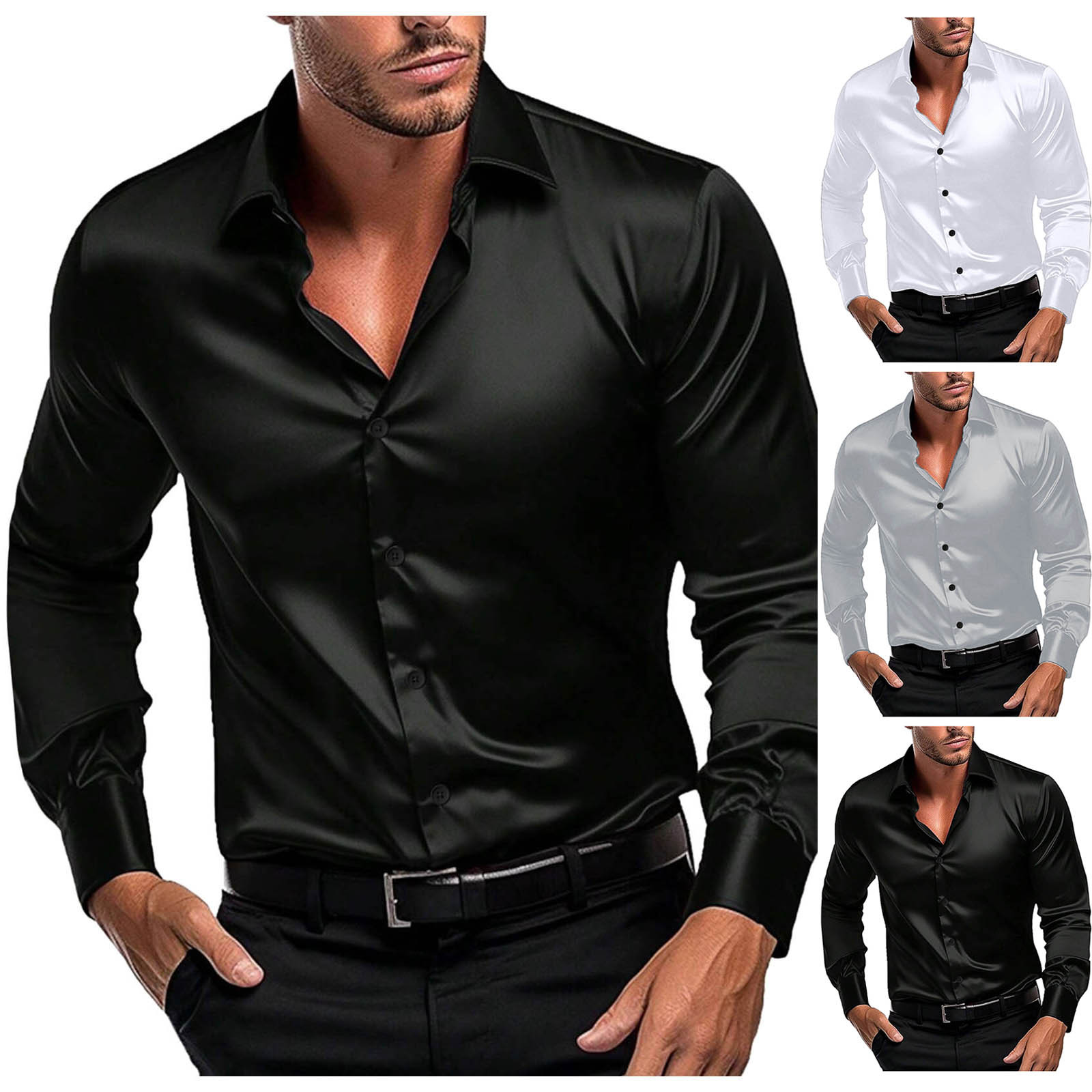 2026 New Model Export Lapel Solid Color High-End Smooth Thin Casual Long-Sleeve Men's Shirt with a Glossy Finish