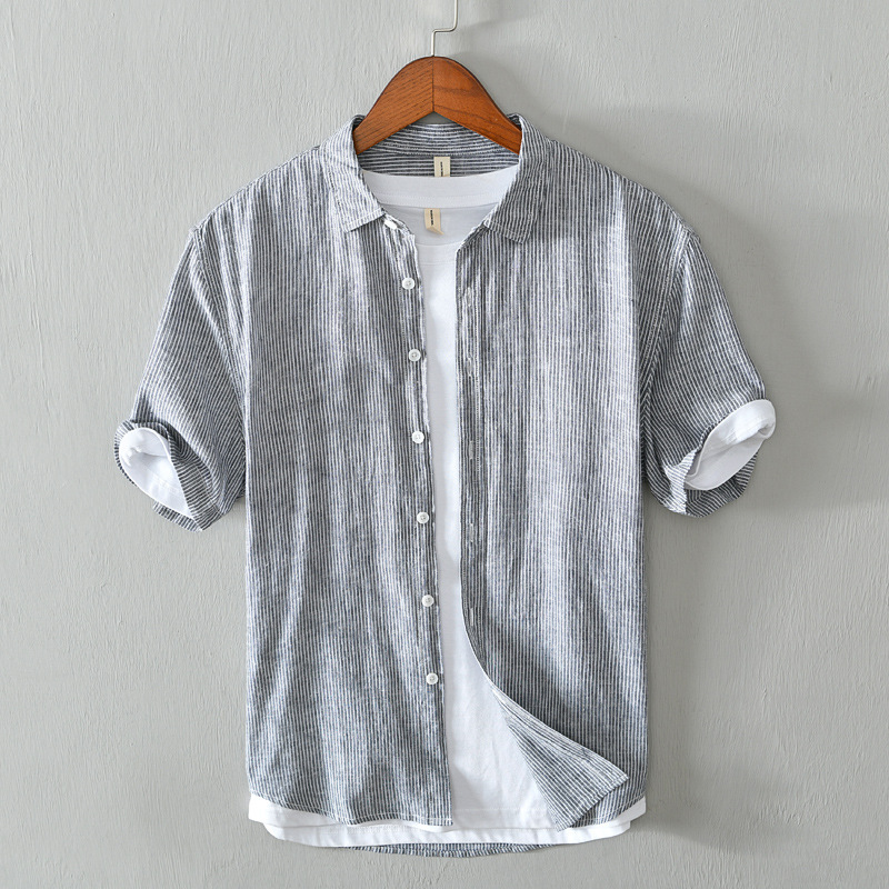 783 summer breathable inside and outside Joker shirt men's striped casual short sleeve shirt cotton and linen series a generation of hair
