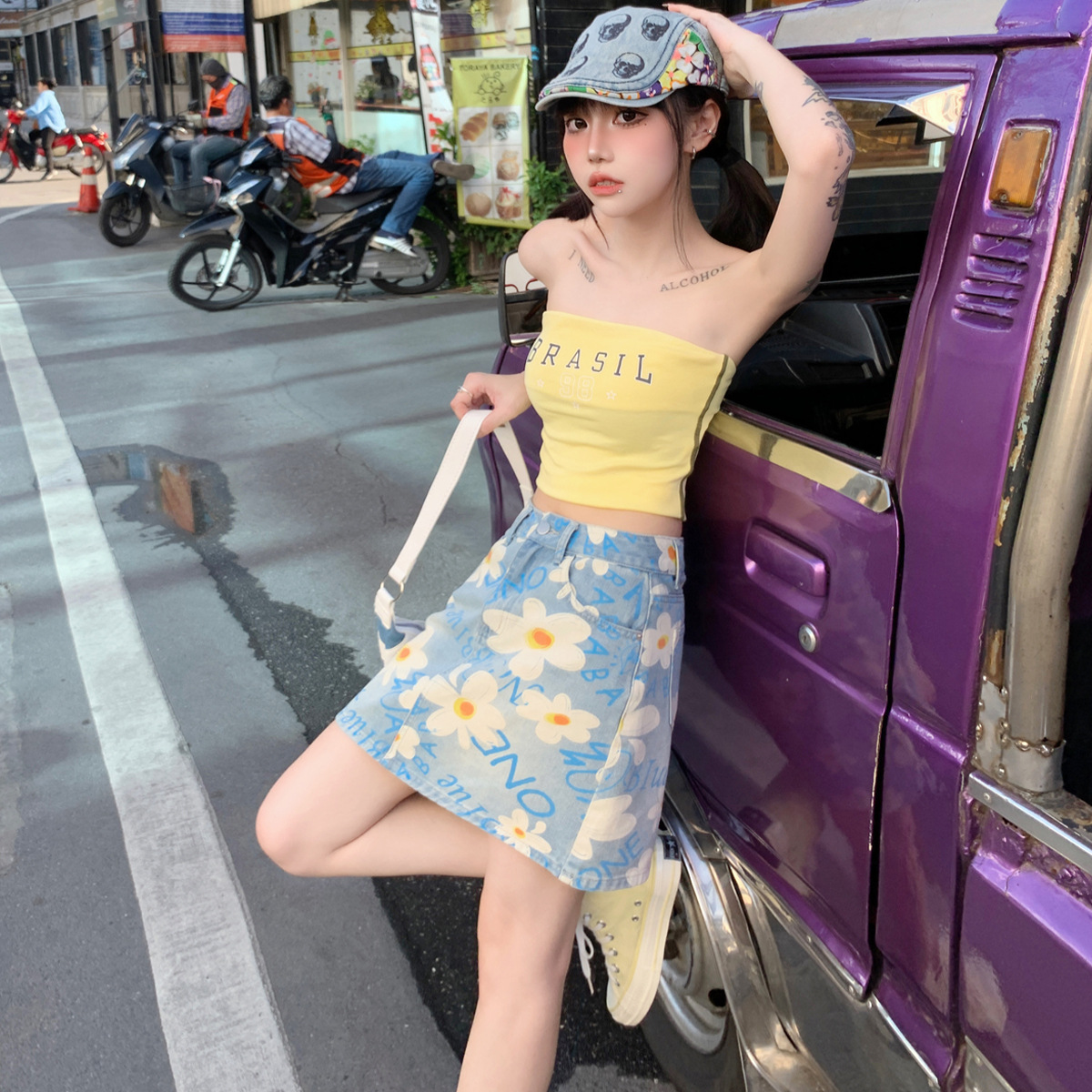 Printed Denim Skirt 2024 Summer New Style High Waist Slimming Look Anti-exposure Hip Skirt Loose Short Skirt Versatile