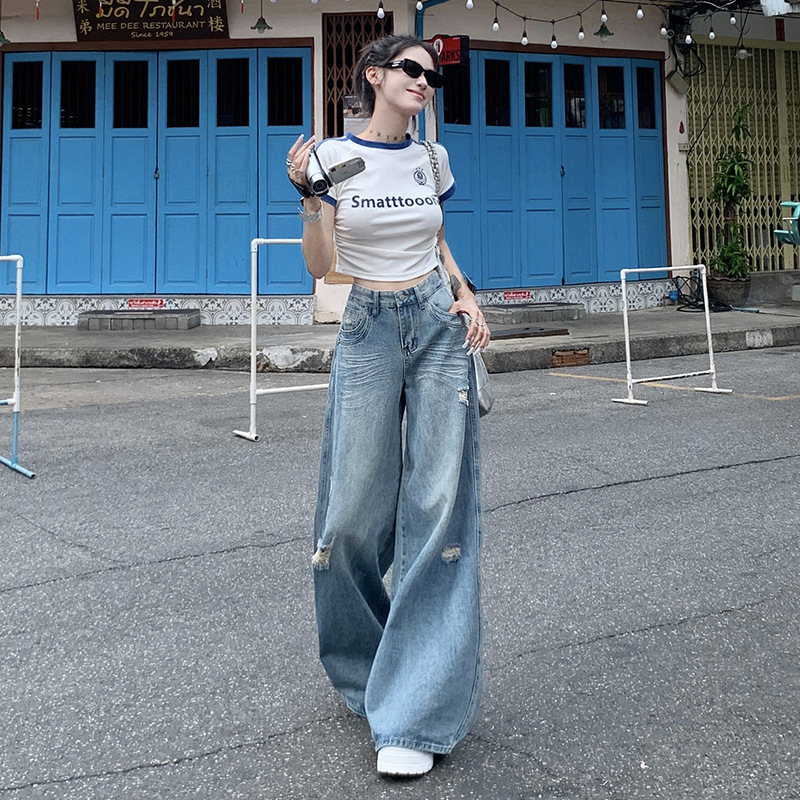 Ripped Jeans for Women, Loose Wide-Leg Pants for Women, High-Waisted Wide-Leg Jeans for Women, Casual Wide-Leg Pants for Women, Slimming