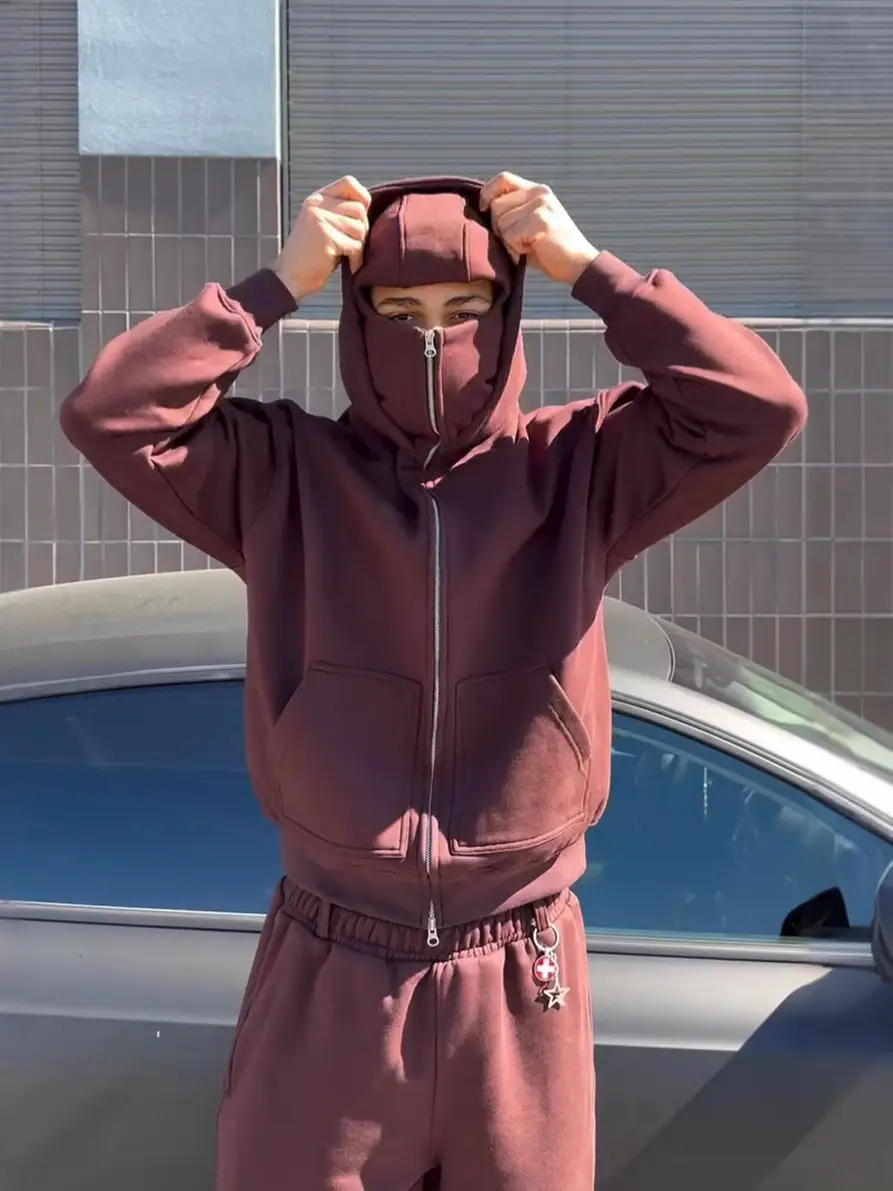 现货跨境个性欧美新款秋冬季潮牌男女款双帽设计宽松连帽卫衣卫裤