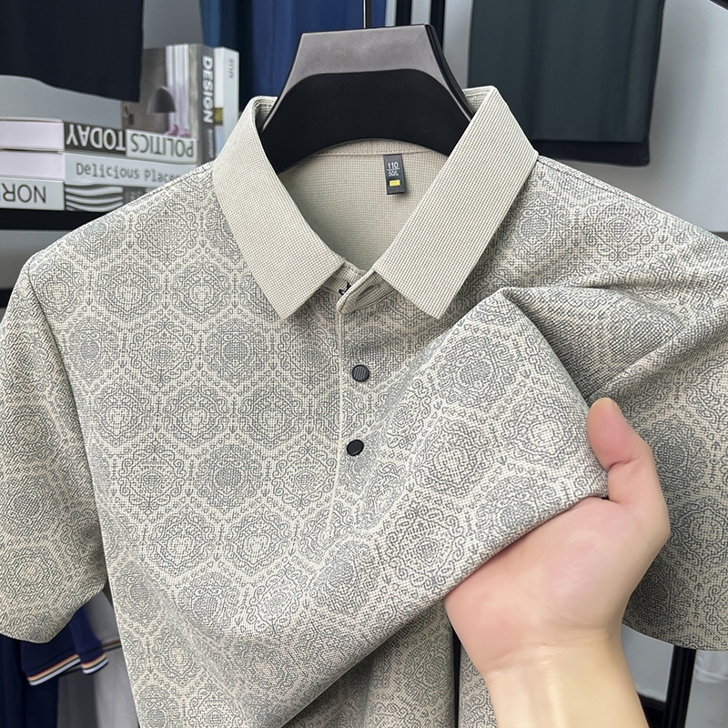 Cooling and Refreshing Printed Short-Sleeved Men's Loose and Fashionable Summer New Elastic Middle-Aged Business Polo Shirt Men's Short-Sleeved