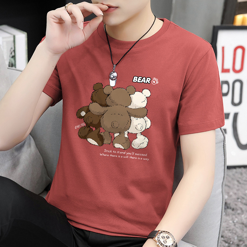 Summer Pure Cotton Bear T-shirt Men's Short-sleeved Loose Trendy Round Neck Top Clothes T-shirt Base Shirt Cotton Half-sleeve