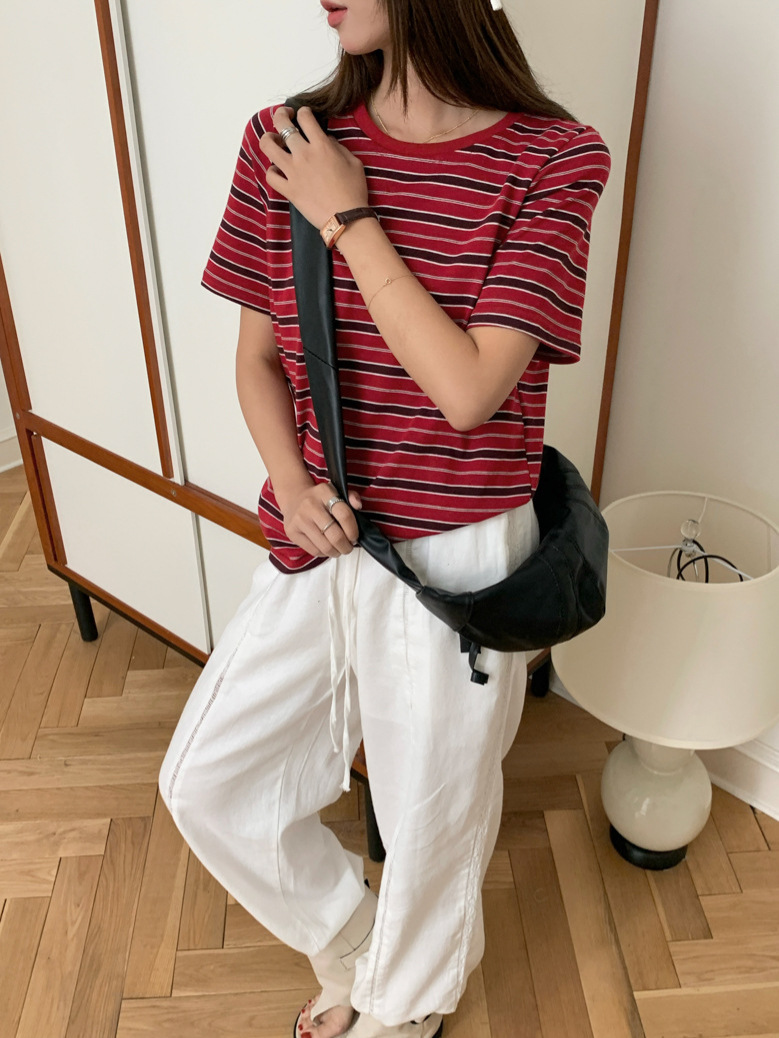 GAGD Vitality Retro Striped Short-sleeved T-shirt Women's Korean Style Stylik Age-reducing All-match Loose Small Striped T-shirt